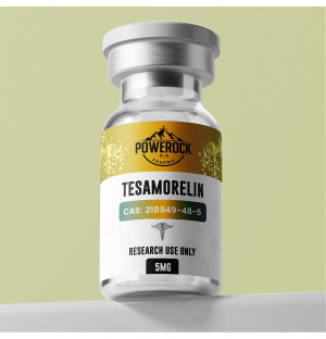 Powerock Pharma Tesamorelin 5mg vial, research peptide CAS 218949-48-5, laboratory packaging Research Use Only