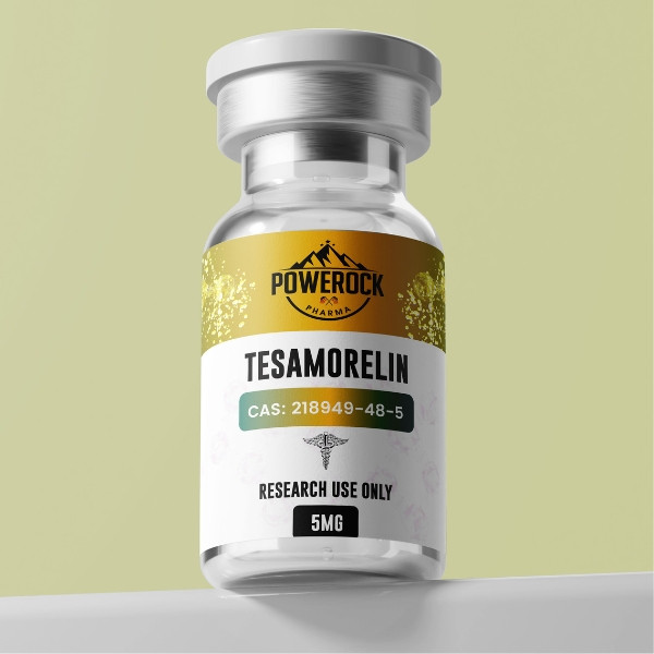 Powerock Pharma Tesamorelin 5mg vial, research peptide CAS 218949-48-5, laboratory packaging Research Use Only