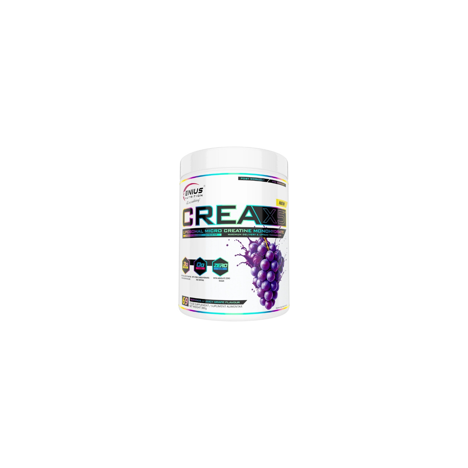 Genius Nutrition Crea X5 Juicy Grape – liposomalna mikro kreatyna, opakowanie 300 g, suplement kreatynowy o smaku winogronowym