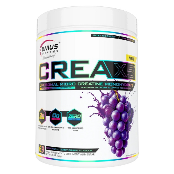 Genius Nutrition Crea X5 Juicy Grape – liposomalna mikro kreatyna, opakowanie 300 g, suplement kreatynowy o smaku winogronowym