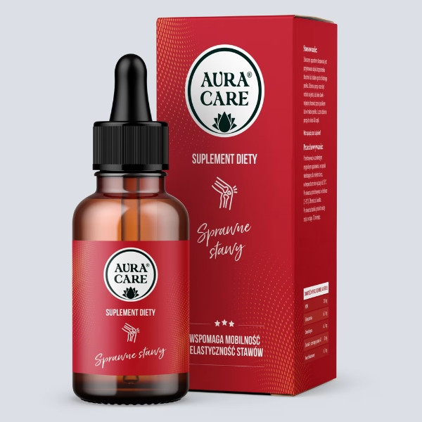 Aura Care Sprunghafte Gelenke Nahrungsergänzungsmittel in Tropfenform, Flasche mit Pipette und Verpackung, natürliche