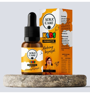 Aura Care Kids Radosny Brzuszek probiotyk dla dzieci w kroplach, suplement diety na trawienie i odporność, butelka z pipet