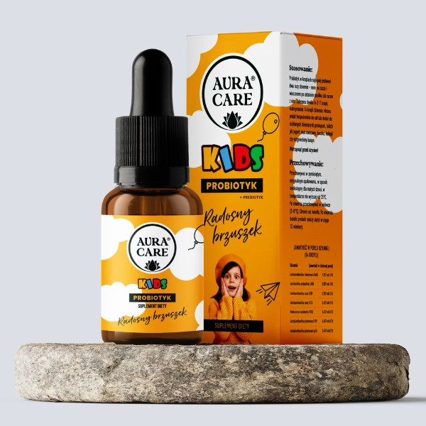 Aura Care Kids Happy Tummy probiotic for children in drops, dietary supplement for digestion and immunity, bottle with pipette
