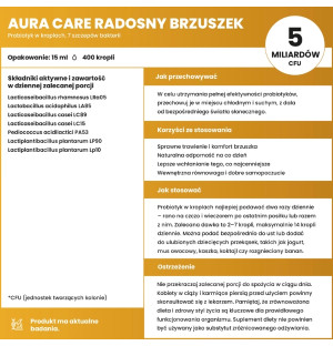 Aura Care Happy Tummy probiotic for children – composition, bacterial strains, 5 billion CFU, dosage, storage
