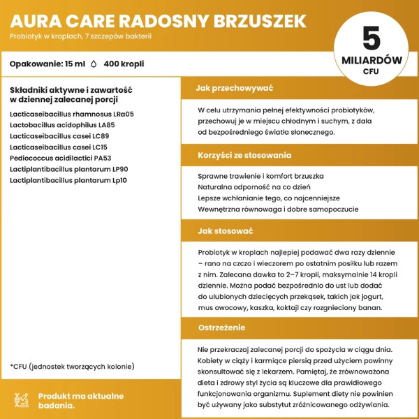 Aura Care Fröhlicher Bauch Probiotikum für Kinder – Zusammensetzung, Bakterienstämme, 5 Mrd. CFU, Dosierung, Lagerung