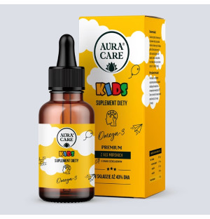 Aura Care Kids Omega-3 dla dzieci, suplement diety z alg morskich, wysoka zawartość DHA, olejek w kroplach