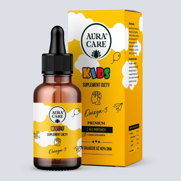 Aura Care Kids Omega-3 dla dzieci, suplement diety z alg morskich, wysoka zawartość DHA, olejek w kroplach
