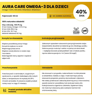 Aura Care Omega-3 dla dzieci – tabela składu, DHA 40%, olej z mikroalg, EPA, DHA, witamina C, dawkowanie