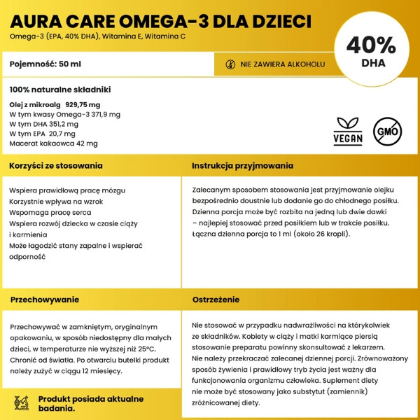 Aura Care Omega-3 dla dzieci – tabela składu, DHA 40%, olej z mikroalg, EPA, DHA, witamina C, dawkowanie