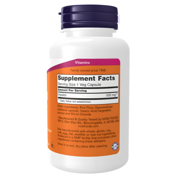 NOW Foods Inositol 500 mg – etykieta Supplement Facts, czysty inozytol 500 mg w kapsułce vege, informacje o składzie