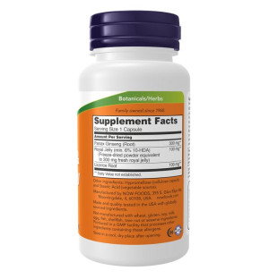 NOW Foods Ginseng & Royal Jelly Etikett „Supplement Facts”, Zusammensetzung: Ginseng, Gelée Royale, Süßholzwurzel