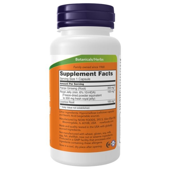 NOW Foods Ginseng & Royal Jelly label Supplement Facts, ingredients: ginseng, royal jelly, liquorice root