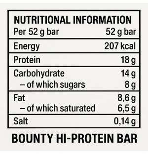 Bounty HiProtein Bar Nährwerte – 207 kcal, 18 g Protein, 14 g Kohlenhydrate, 8 g Zucker, 8,6 g Fett pro Portion
