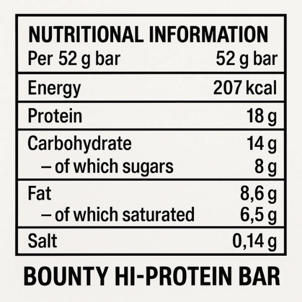 Bounty HiProtein Bar Nährwerte – 207 kcal, 18 g Protein, 14 g Kohlenhydrate, 8 g Zucker, 8,6 g Fett pro Portion