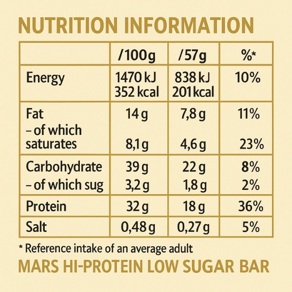 Nährwerttabelle Mars Hi-Protein Low Sugar White Chocolate Riegel, 18 g Protein, 201 kcal