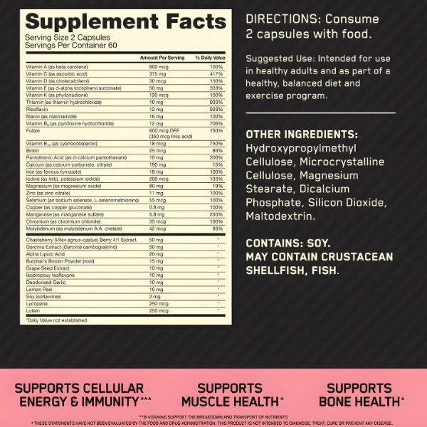 Opti-Women Zusammensetzung des Nahrungsergänzungsmittels, Nährwerttabelle, Vitamine und Mineralstoffe