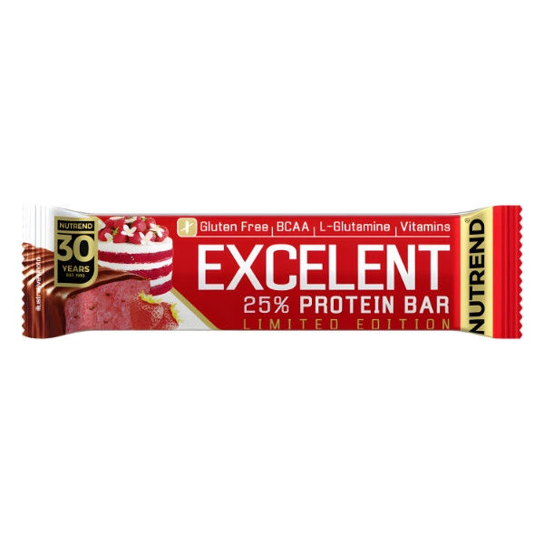 Nutrend Excelent 25% Proteinriegel Red Velvet Limited Edition, Geschmack Erdbeerkuchen, glutenfrei