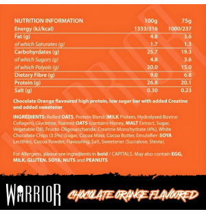 Tabela wartości odżywczych Warrior Creatine Protein Bar chocolate orange, skład, makroskładniki, białko, kreatyna