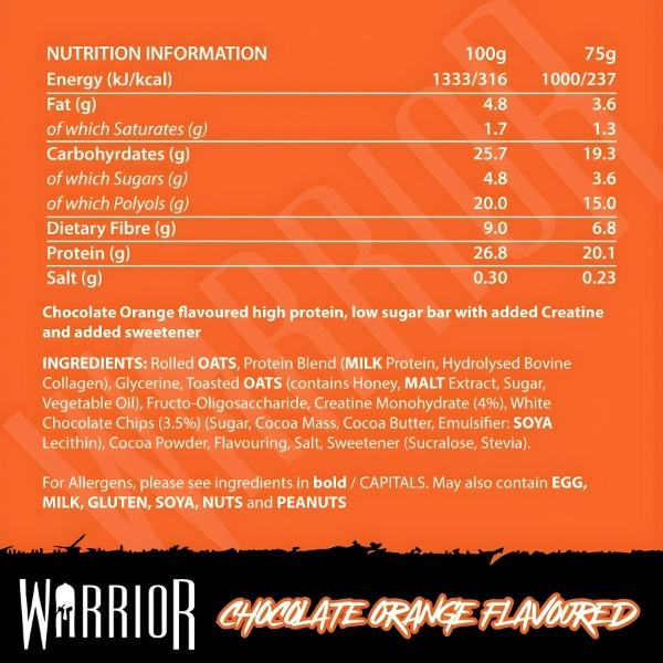 Nährwerttabelle des Warrior Creatine Proteinriegels Schokolade–Orange: Zutaten, Makronährstoffe, Eiweiß, Kreatin