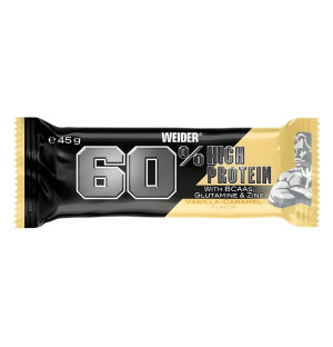 Weider Protein 60% Bar vanilla–caramel, high-protein bar with BCAA, glutamine and zinc, 45 g package