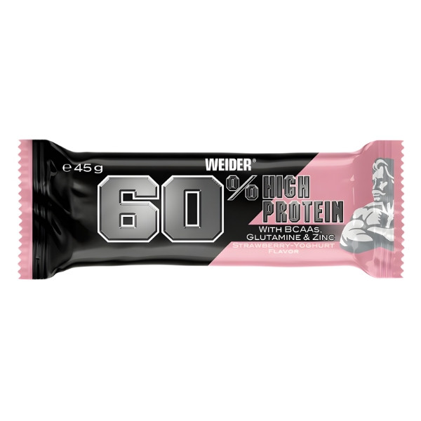 Weider Protein 60% Riegel Erdbeer-Joghurt, Proteinriegel, 27 g Eiweiß, BCAA, L-Glutamin, mit niedrigem Zuckergehalt