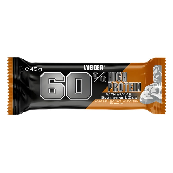 Weider 60% High Protein Riegel Erdnuss–Karamell, eiweißreicher Riegel mit BCAA, Glutamin und Zink, Sporternährung
