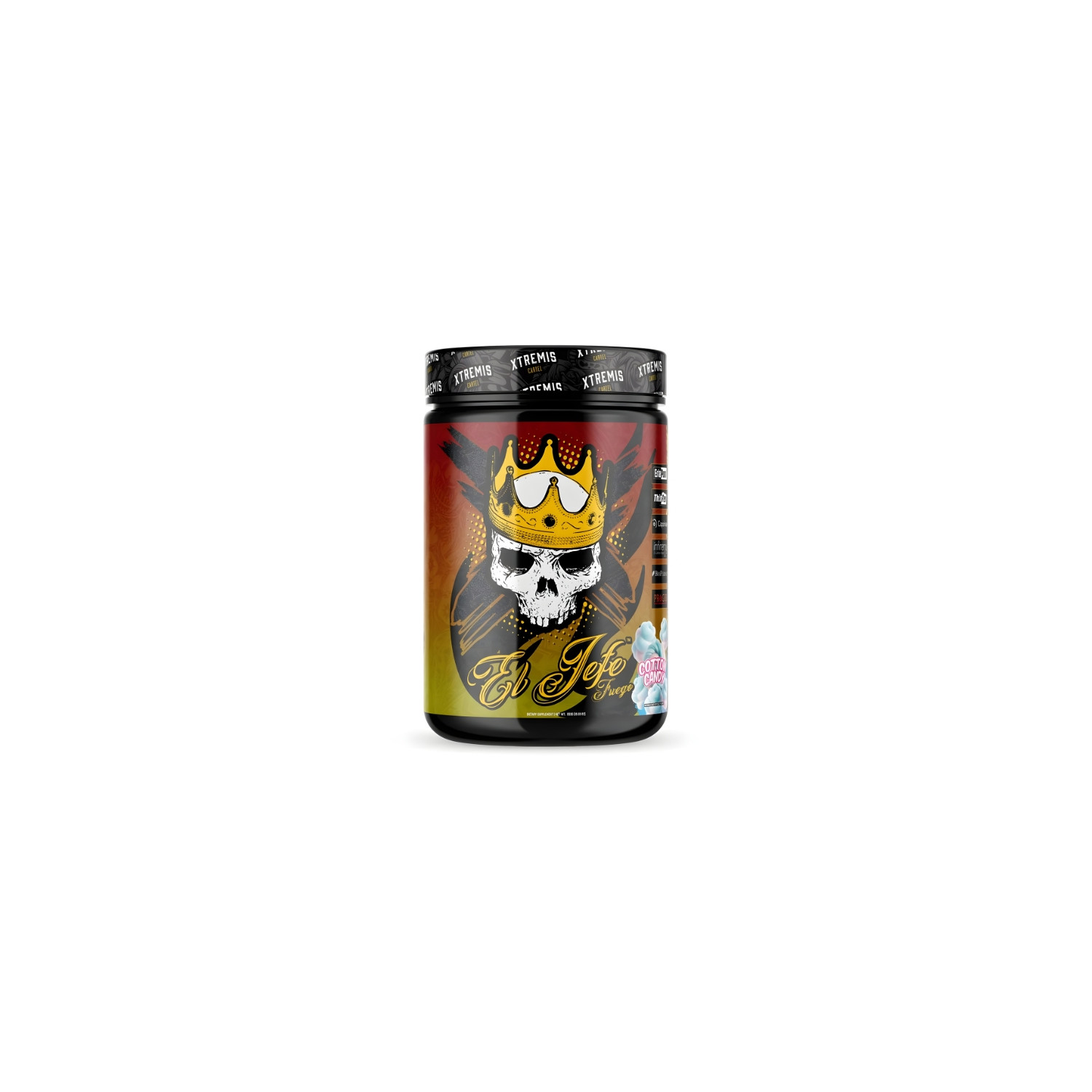 El Jefe Fuego Pre-Workout Xtremis – bunte Tube mit Totenkopf-Grafik in einer Krone, Geschmack Cotton Candy, intensives Design