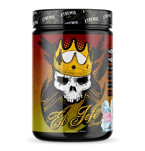 El Jefe Fuego Pre-Workout Xtremis – bunte Tube mit Totenkopf-Grafik in einer Krone, Geschmack Cotton Candy, intensives Design