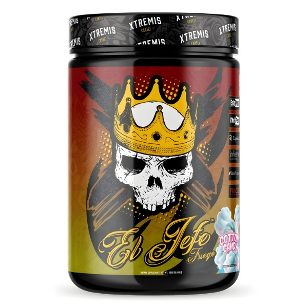 El Jefe Fuego Pre-Workout Xtremis – bunte Tube mit Totenkopf-Grafik in einer Krone, Geschmack Cotton Candy, intensives Design