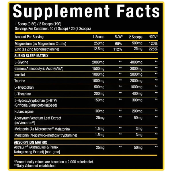 Xtremis Cartel Sueño Supplement Facts – tabela wartości, skład mieszanki sleep matrix, aminokwasy, GABA, tauryna, melatonina