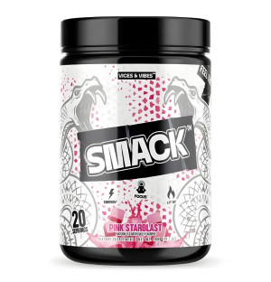 Vices and Vibes Smack Pre-Workout V2 Pink Starblast, powerful pre-workout supplement, energy, focus, 20 servings, 388 g package