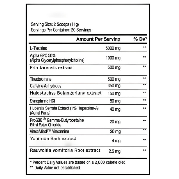 Tweak pre-workout supplement facts, L-tyrosine, Alpha GPC, Eria Jarensis extract, theobromine, caffeine