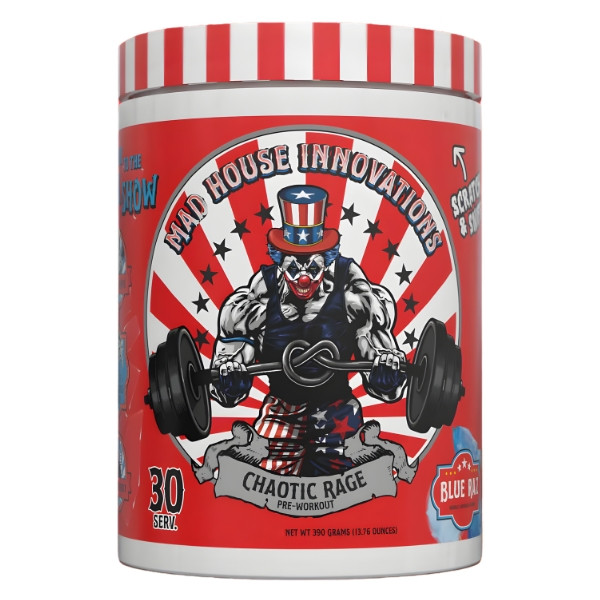 Mad House Innovations Chaotic Rage pre-workout, Blue Razz, 30 servings, powerful pre-workout supplement