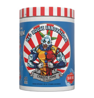 Mad House Innovations Chaotic Pump packaging, pre-workout, Blue Razz, 40 servings, training supplement