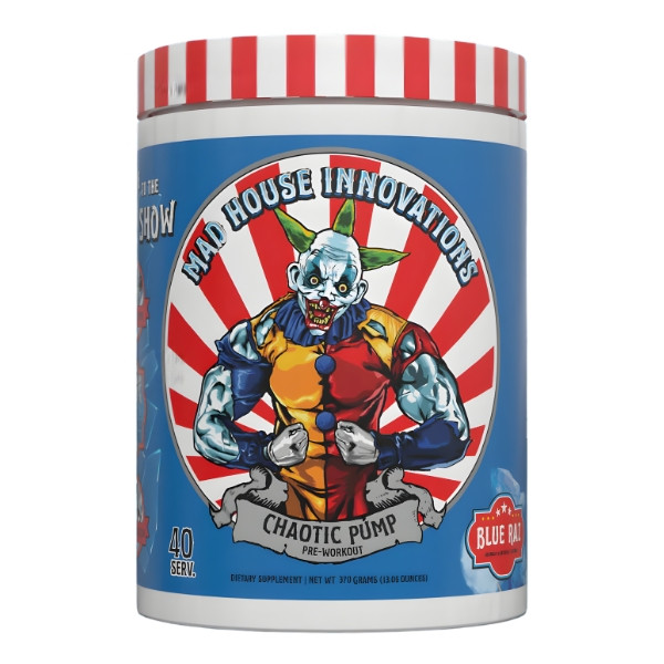 Mad House Innovations Chaotic Pump packaging, pre-workout, Blue Razz, 40 servings, training supplement
