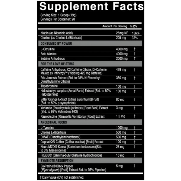 NutriFitt Symbiote Supplement Facts, wysokostymulująca formuła, dawki cytrulina, beta alanina, kofeina, Eria Jarensis