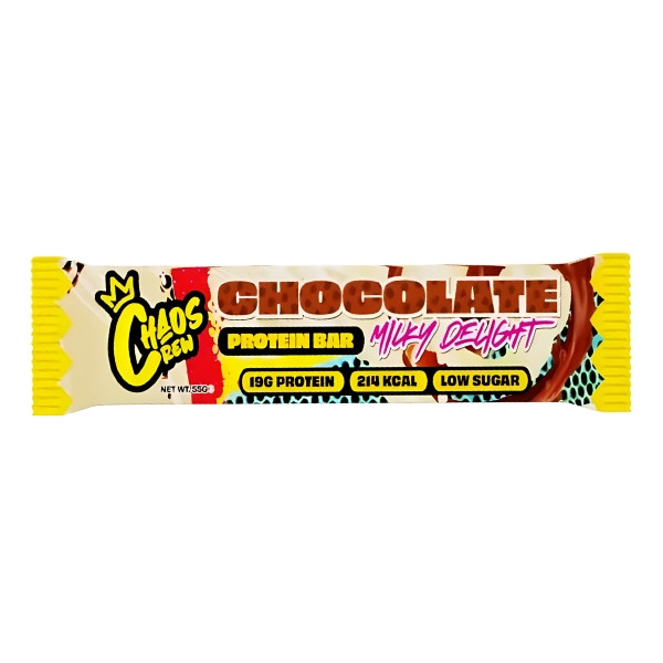 Chaos Crew Protein Bar Chocolate Milky Delight – protein bar with 19g of protein, low sugar content, chocolate flavour