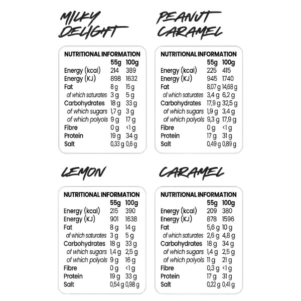 Chaos Crew Protein Bar nutritional values for Milky Delight, Peanut Caramel, Lemon and Caramel flavours, 19 g of protein