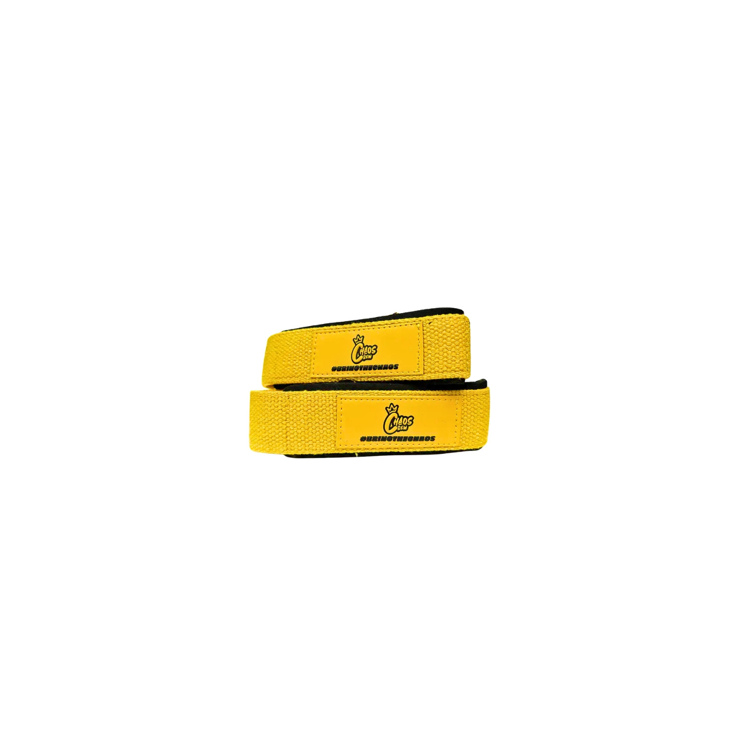 Chaos Crew yellow lifting straps with lining, weightlifting accessories, reinforced grip, training equipment