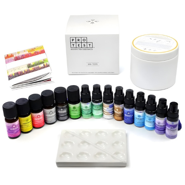 Pełny PRO Test do identyfikacji substancji – kompletny zestaw odczynników chemicznych, jedenaście odczynników kolorymetrycznych