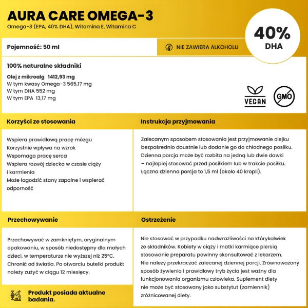 Aura Care Omega-3 40% DHA skład, dawkowanie, korzyści, wegański suplement diety z alg, olej omega 3 EPA DHA