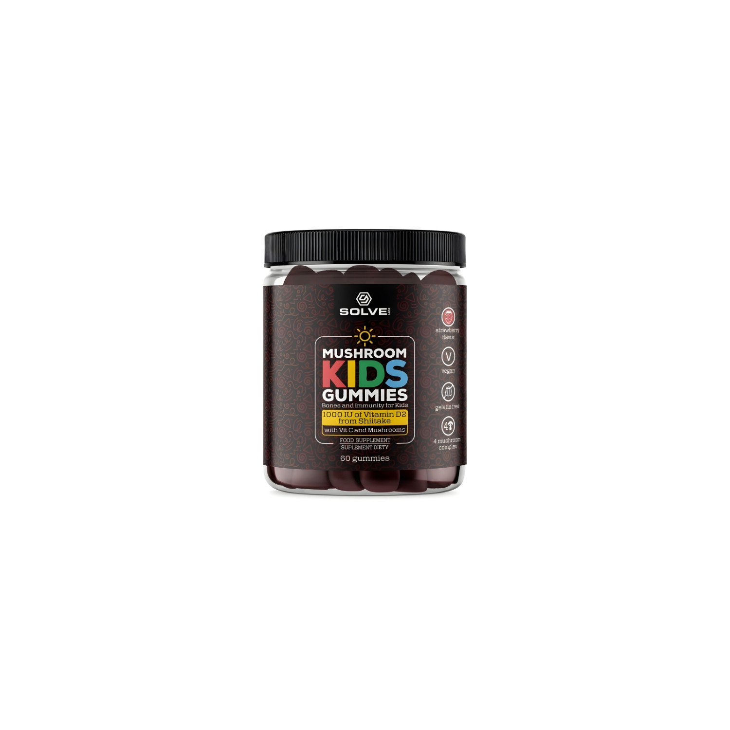 Solve Labs Mushroom Kids Gummies – żelki dla dzieci z witaminą D2 ze Shiitake, witaminą C i kompleksem 4 grzybów