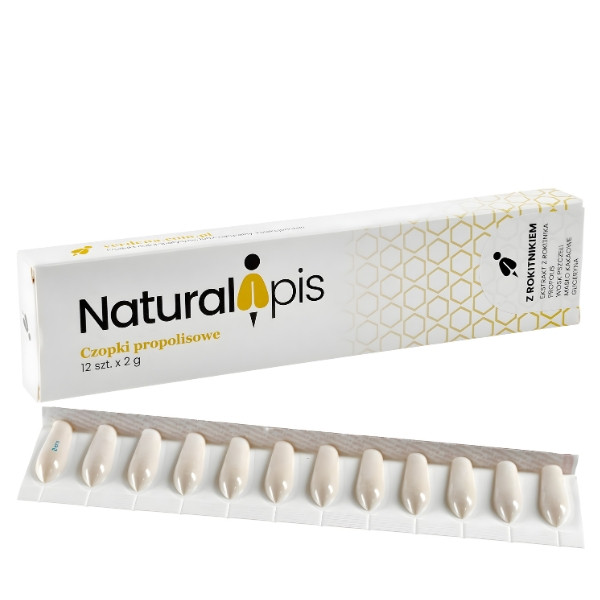 NaturalApis Propolis-Zäpfchen mit Sanddorn – Verpackung und Zäpfchenstreifen mit 12 Stück, Produkt mit Propolis und Sanddorn