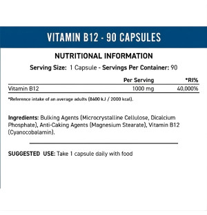 Applied Nutrition Vitamin B12 – tabela wartości odżywczych, 1000 µg witaminy B12 w kapsułce, skład i dawkowanie