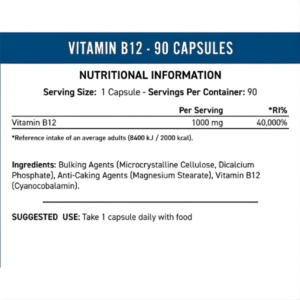Applied Nutrition Vitamin B12 – nutritional value table, 1000 µg of vitamin B12 per capsule, composition and dosage