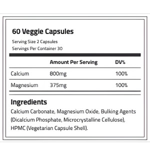 Supplement composition table calcium and magnesium – Calcium 800 mg, Magnesium 375 mg, vegetarian capsules