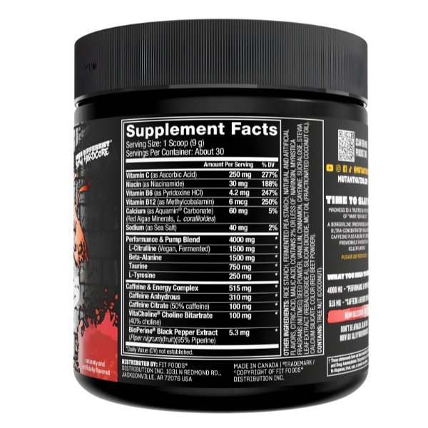 Mutant Madness Zusammensetzung des Nahrungsergänzungsmittels, Pre-Workout-Supplement mit Koffein, Beta-Alanin, Taurin