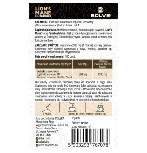 Solve Labs Lion's Mane composition and dosage, 10:1 lion's mane extract, 100 g powder