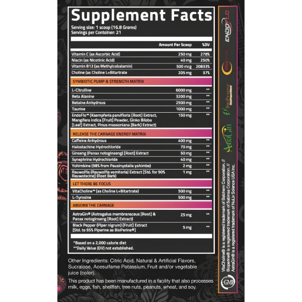 Nutrifitt Carnage Advanced Pre-Workout – supplement facts, high stim pre-workout formula, caffeine, citrulline, beta-alanine