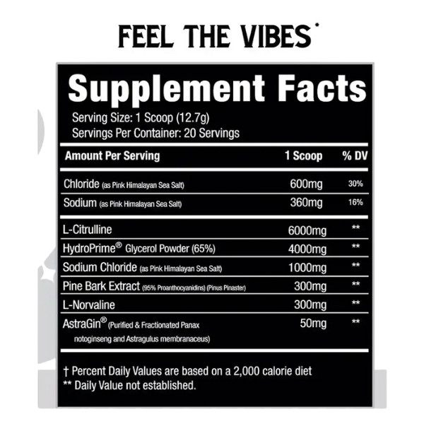 Vices & Vibes Compound Pump – caffeine-free pre-workout supplement composition: L-citrulline 6000 mg, HydroPrime
